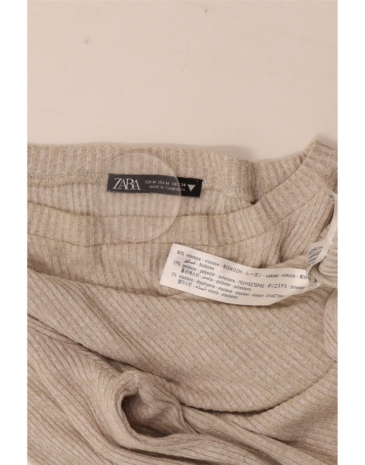 Top feminino Zara manga comprida UK 12 viscose bege médio