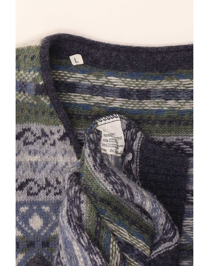 Suéter cardigã masculino vintage sem mangas, grande lã multicolorida Fair Isle