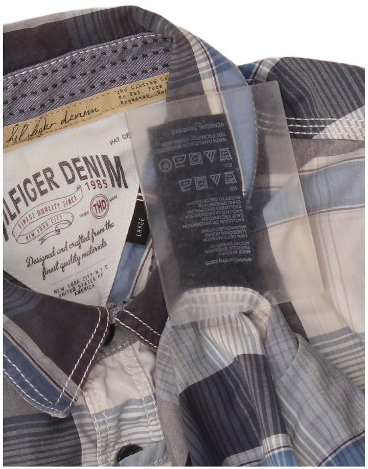 Tommy Hilfiger Camisa masculina de manga curta grande algodão xadrez azul