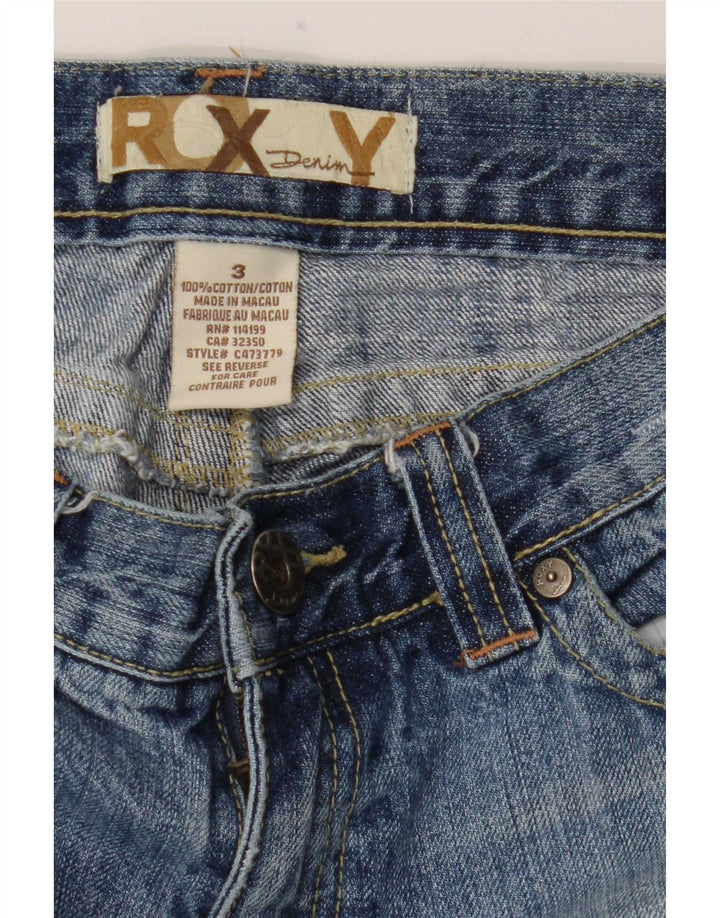 Calça jeans feminina Roxy cintura baixa desgastada reta EUA 3 pequeno W29 L27 azul