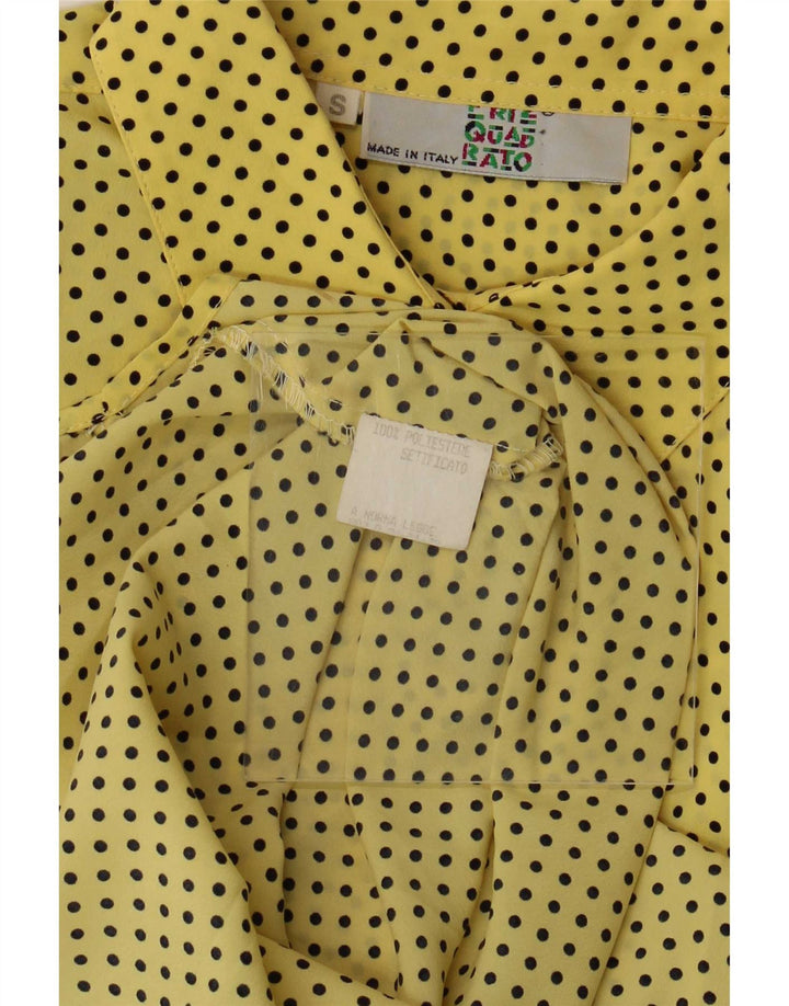 Camisa feminina grande vintage UK 10 pequena poliéster manchado amarelo
