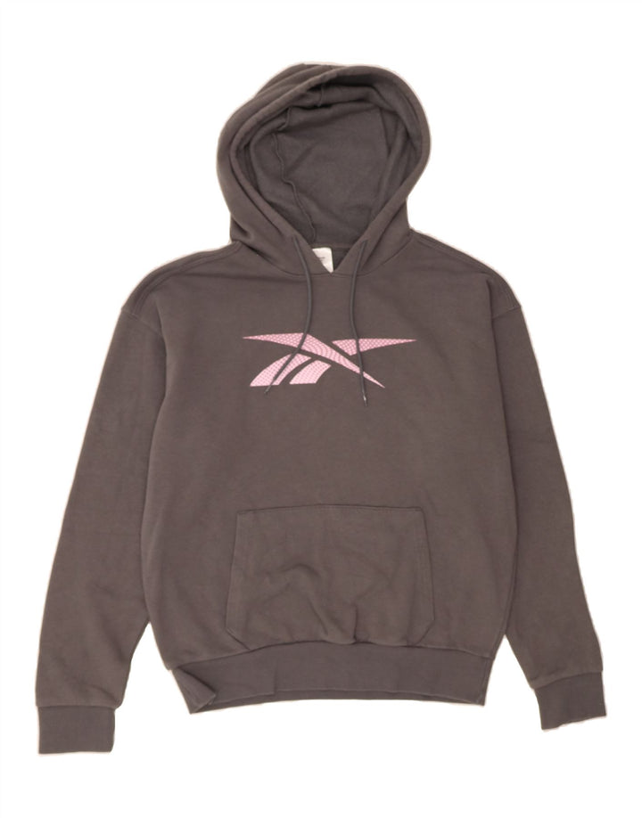 REEBOK Womens Graphic Hoodie Jumper UK 12/14 Medium Grey Cotton Vintage Reebok and Second-Hand Reebok from Messina Hembry 