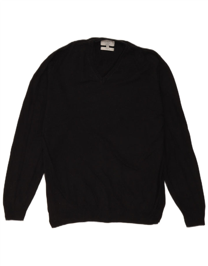 Suéter masculino Marks & Spencer com ajuste regular e decote em V, algodão preto médio