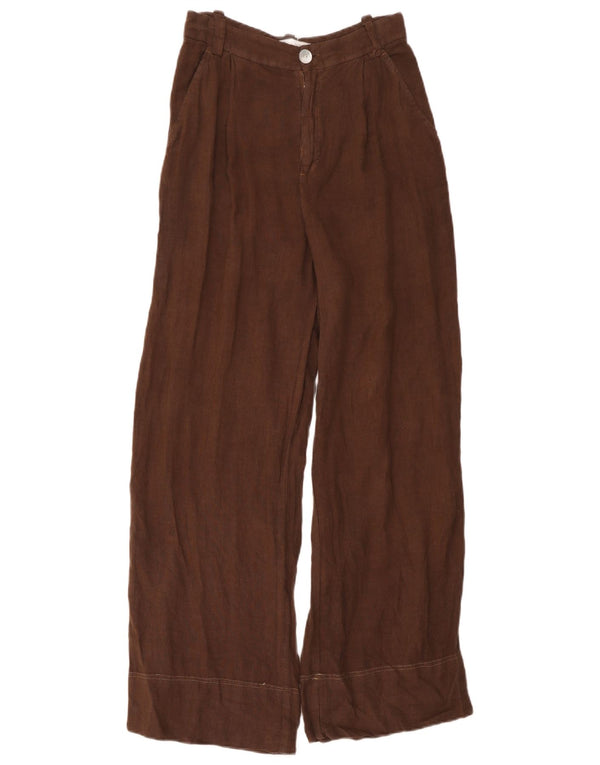 Zara Calça Chino Feminina Cintura Alta Perna Larga XS W24 L30 Linho Marrom