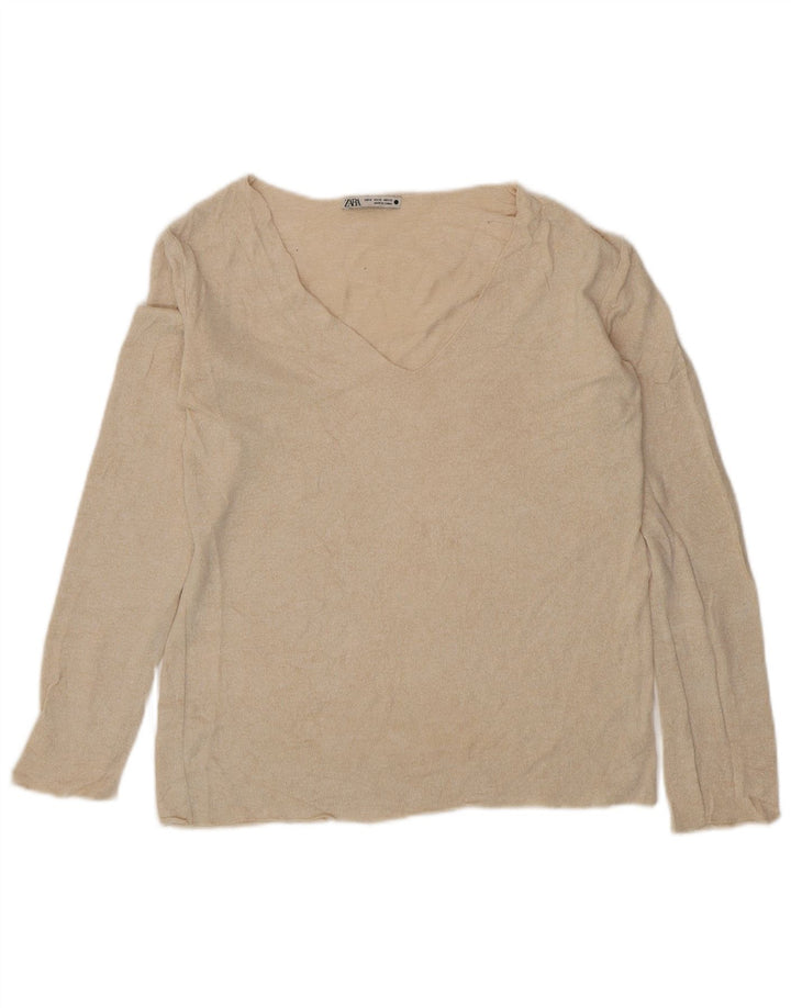Suéter feminino Zara com decote em V Reino Unido 12 viscose bege médio