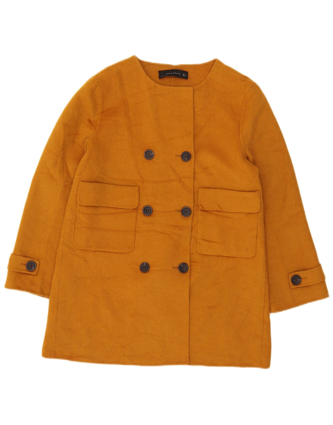 Zara Casaco feminino curto com peito duplo Reino Unido 14 grande poliéster amarelo