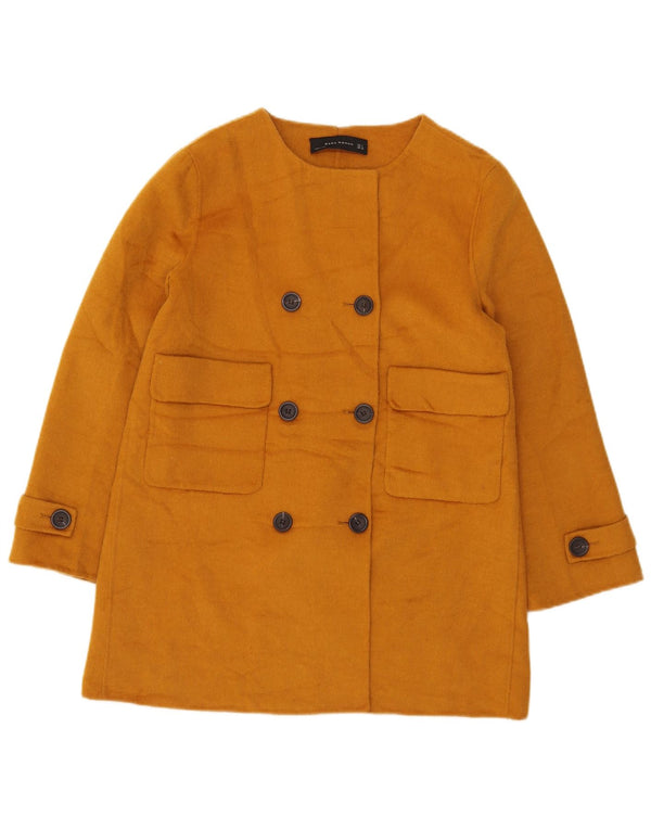 Zara Casaco feminino curto com peito duplo Reino Unido 14 grande poliéster amarelo