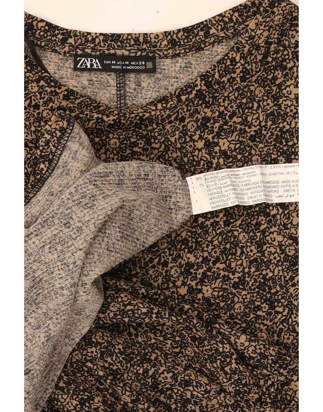 Vestido básico feminino de manga comprida Zara Reino Unido 14 poliéster floral marrom médio