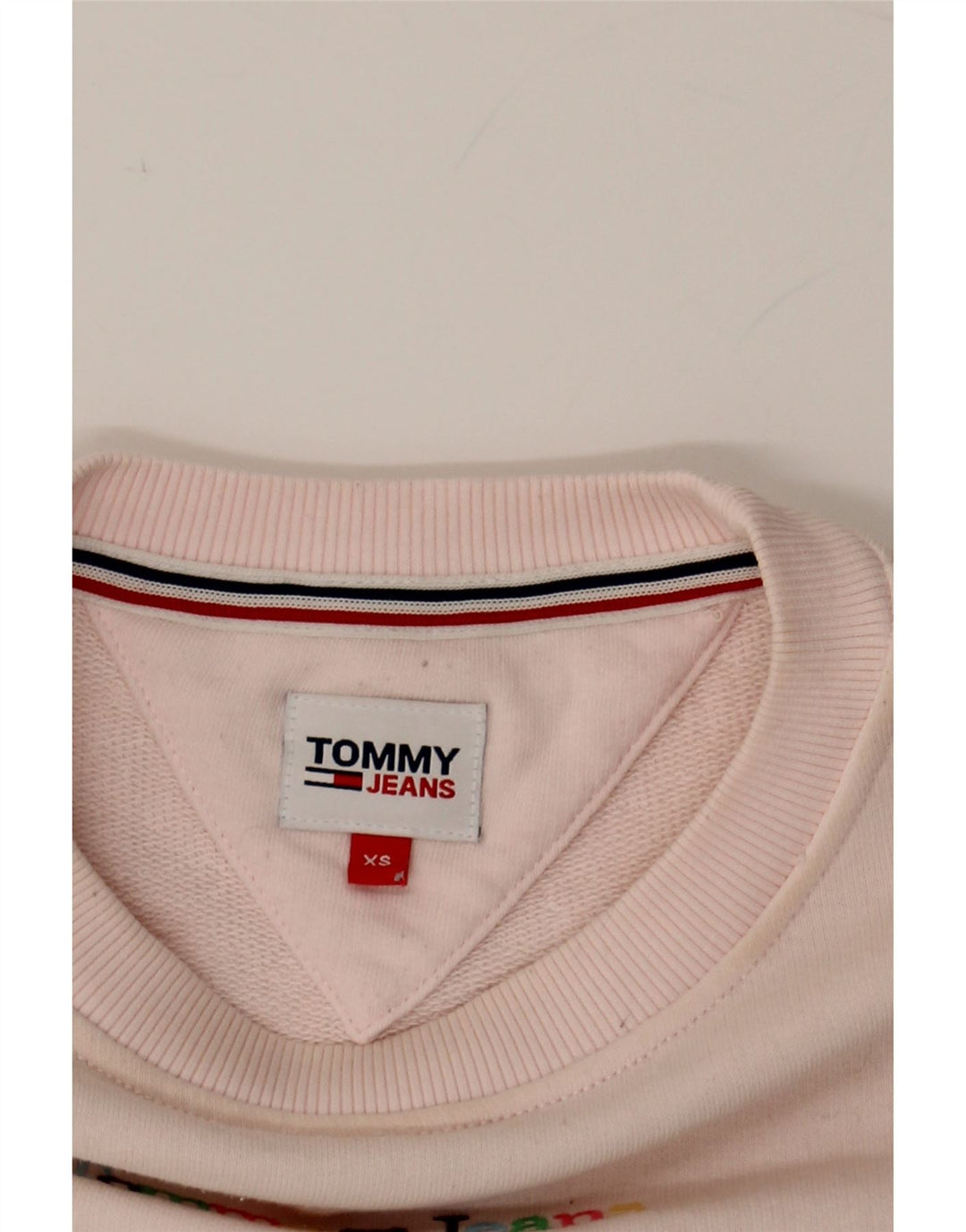 TOMMY HILFIGER Womens Oversized Graphic Sweatshirt Jumper UK 6 XS Pink Vintage Tommy Hilfiger and Second-Hand Tommy Hilfiger from Messina Hembry 