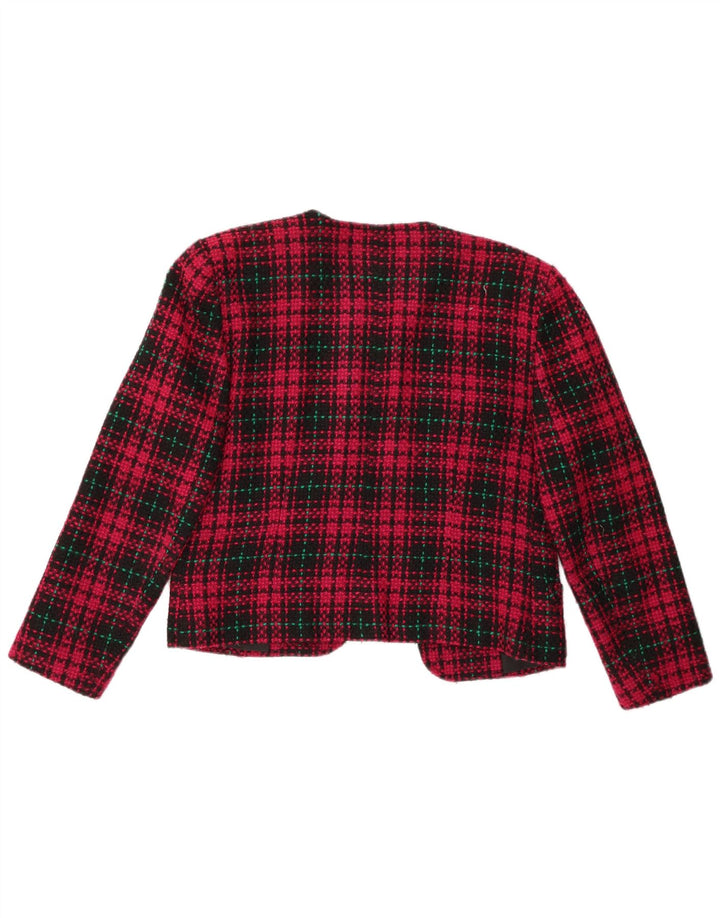 Jaqueta blazer feminina VINTAGE cortada aberta Reino Unido 14 xadrez vermelho médio