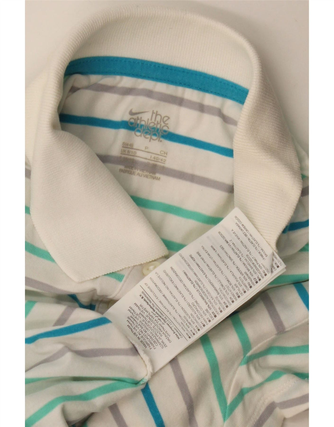 Camisa polo feminina Nike UK 8/10 pequena listrada branca de algodão