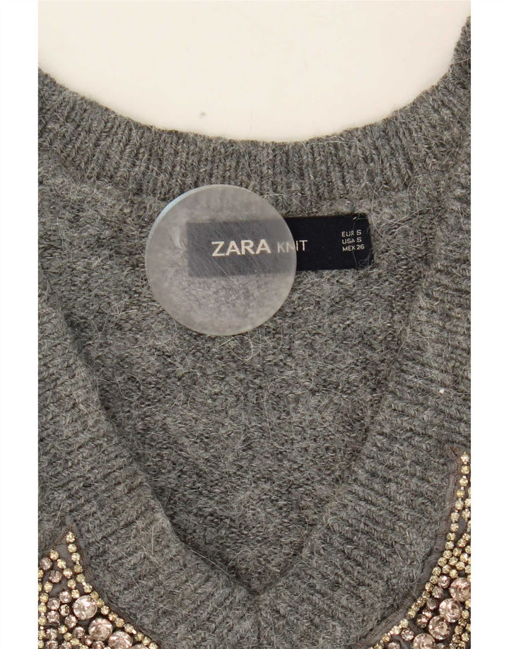 Zara Suéter feminino gráfico com decote em V Reino Unido 10 pequeno cinza