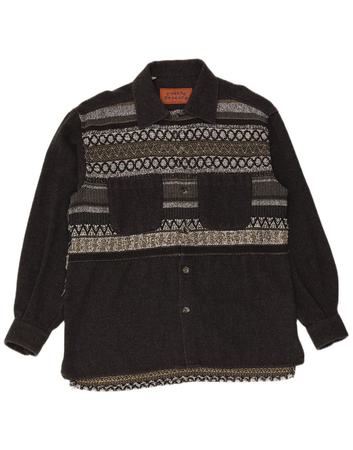 Camisa masculina vintage de flanela grande cinza geométrica