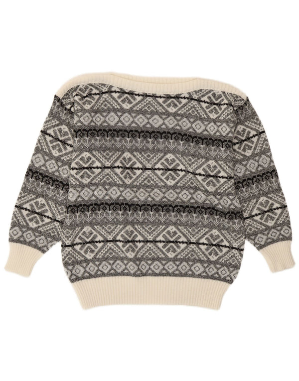 Suéter feminino vintage com gola canoa Reino Unido 14 cinza médio geométrico