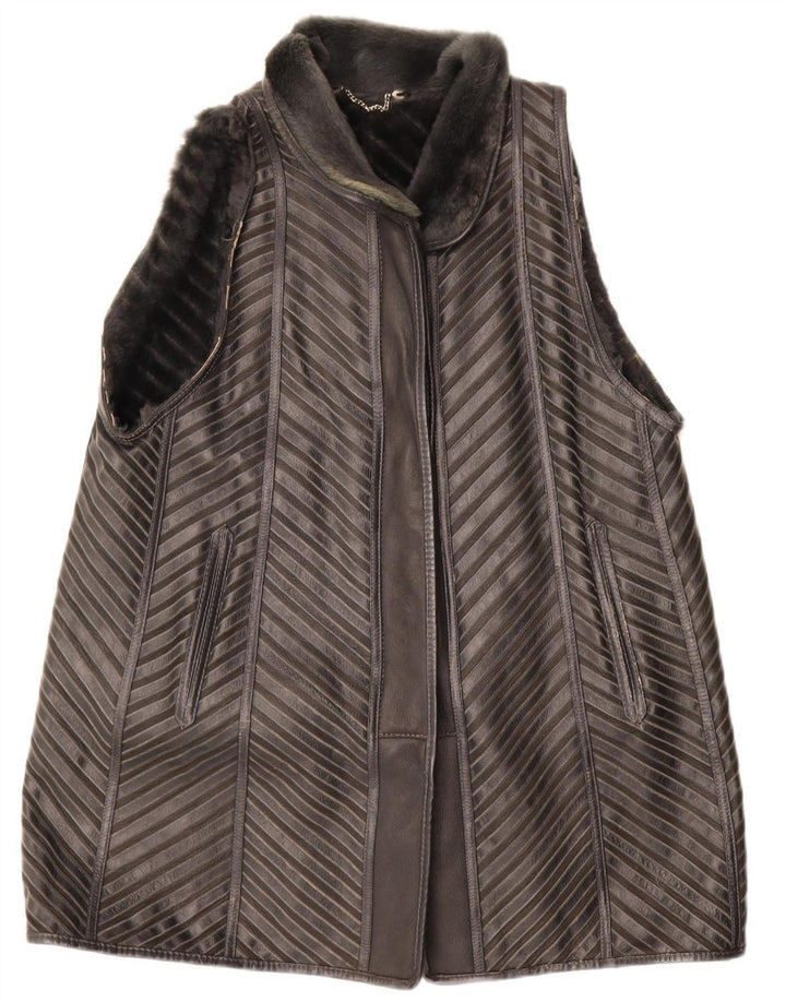 Colete feminino VINTAGE Sherpa Longline EU 40 couro listrado cinza médio