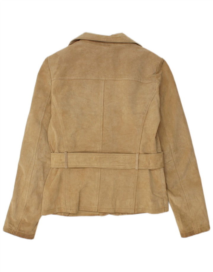 Jaqueta blazer feminina vintage de camurça com 2 botões Reino Unido 10 couro bege pequeno