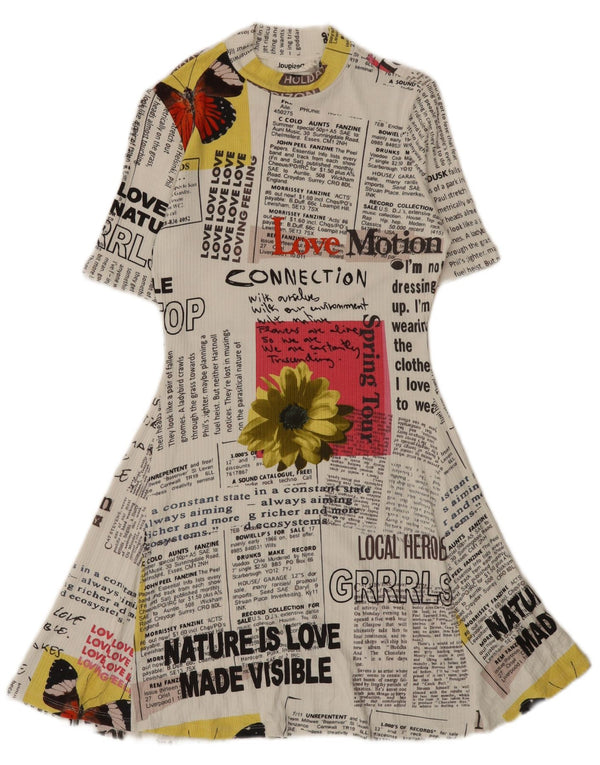 Desigual Vestido feminino jornal gráfico linha A Reino Unido 12 médio branco viscose