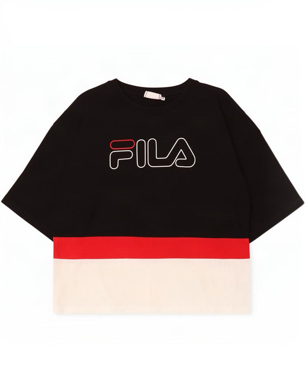 Fila Womens Graphic T-Shirt Top UK 10 Pequeno Algodão Colorblock Preto