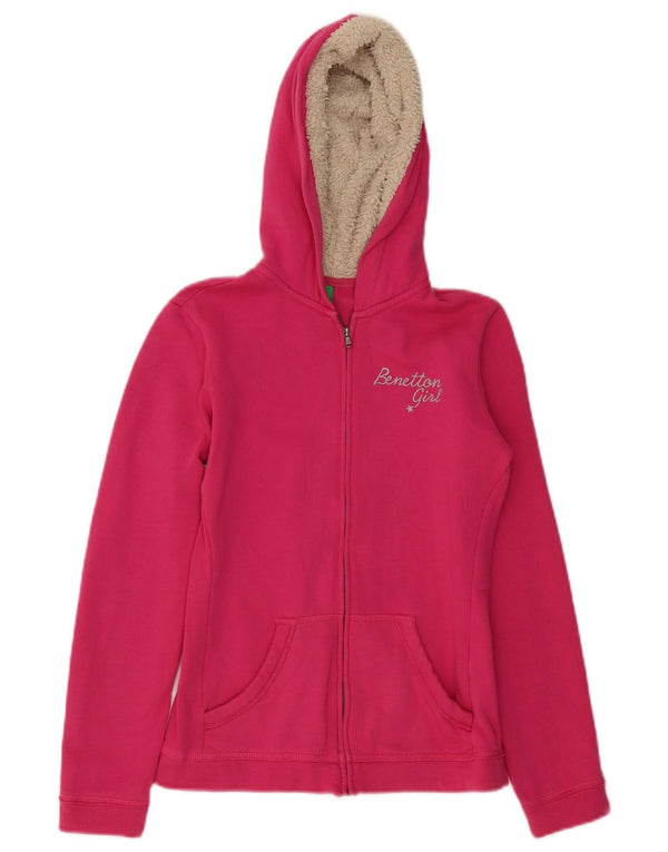 Benetton Suéter feminino com capuz e zíper gráfico 11-12 anos 2XL algodão rosa