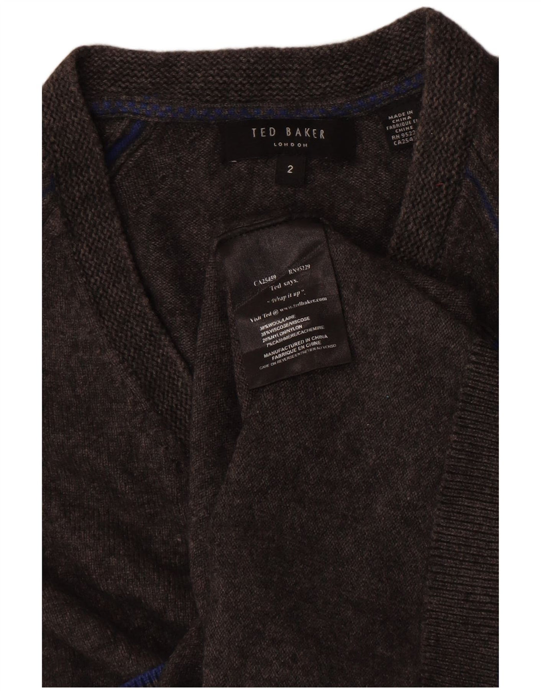 Suéter masculino Ted Baker com decote em V, tamanho 2, lã cinza pequena