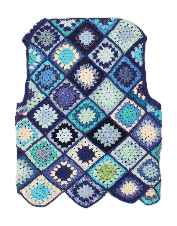Suéter cardigã feminino sem mangas VINTAGE UK 16 patchwork azul grande
