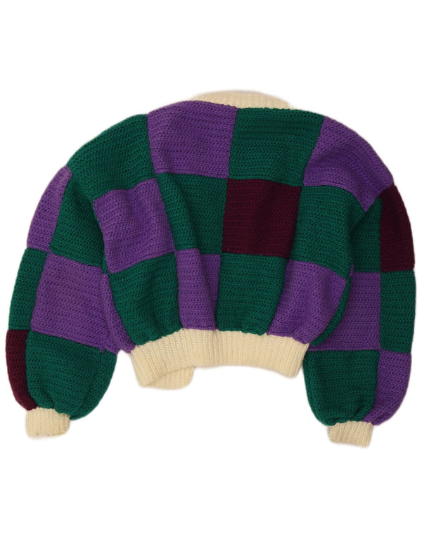 Suéter Cardigan Crop Feminino Vintage Reino Unido 16 Grande Bloco Colorido Multicolorido