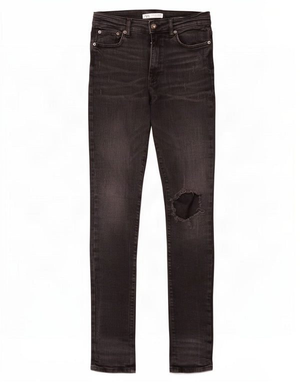 Zara Jeans skinny masculino desgastado UE 42 grande W32 L34 algodão preto