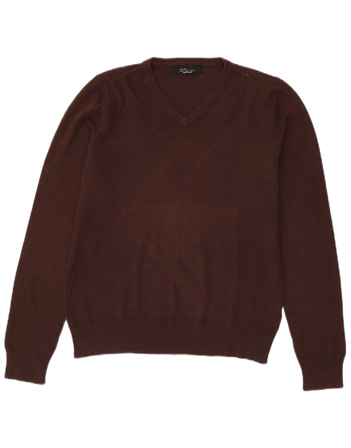 Zara Suéter masculino com gola V e algodão marrom médio