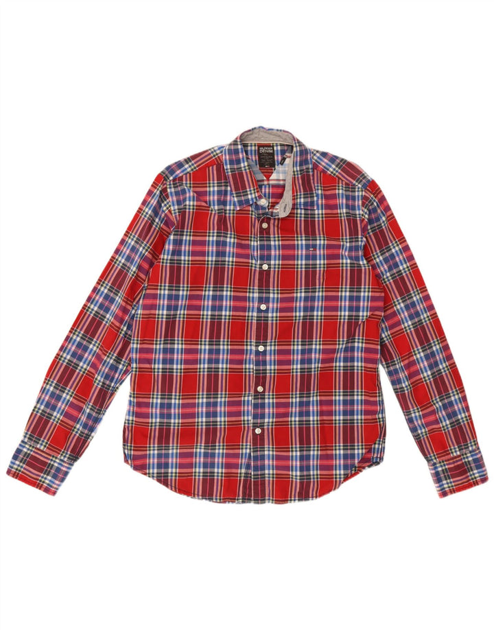 Camisa masculina Tommy Hilfiger grande xadrez vermelho algodão