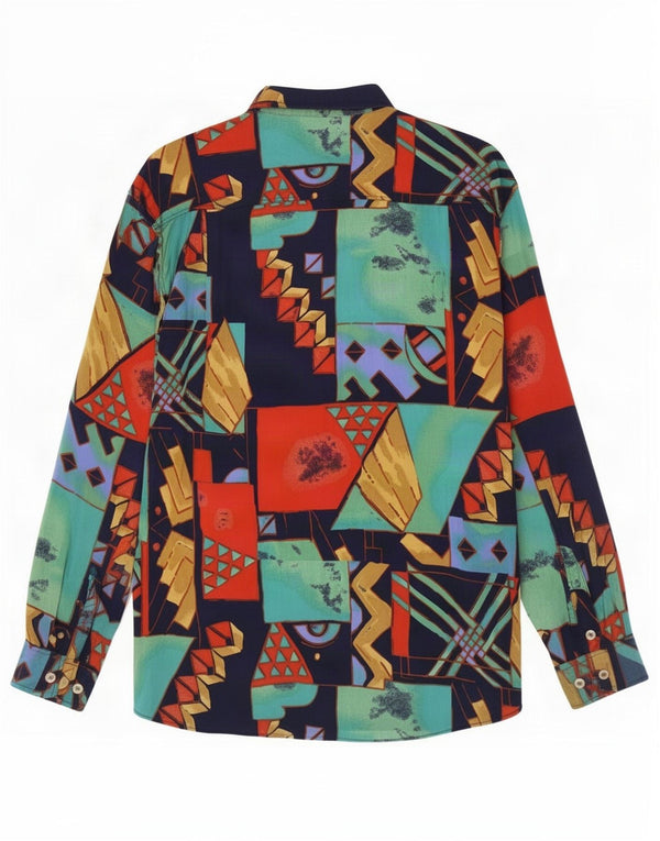 Camisa masculina vintage grande viscose geométrica multicolorida