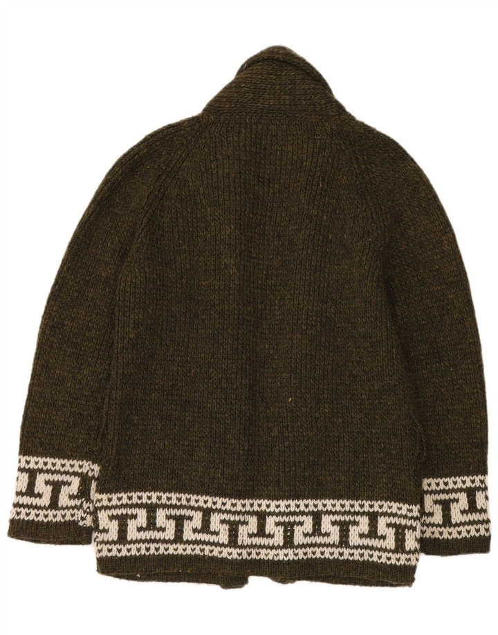 Suéter cardigã aberto feminino vintage Reino Unido 14 lã geométrica cáqui média