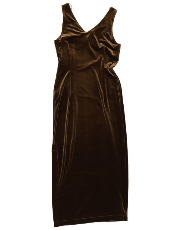 Vintage feminino sem mangas em veludo maxi vestido Reino Unido 12 poliéster marrom médio