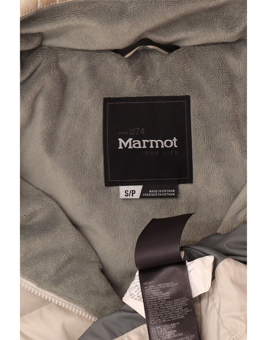 Casaco acolchoado com capuz feminino Marmot UK 10 pequeno poliéster esbranquiçado