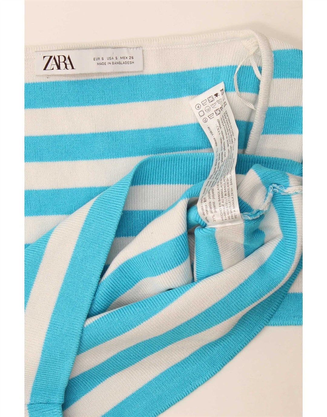 Zara Womens Crop Top UK 8 Pequena Viscose Listrada Azul