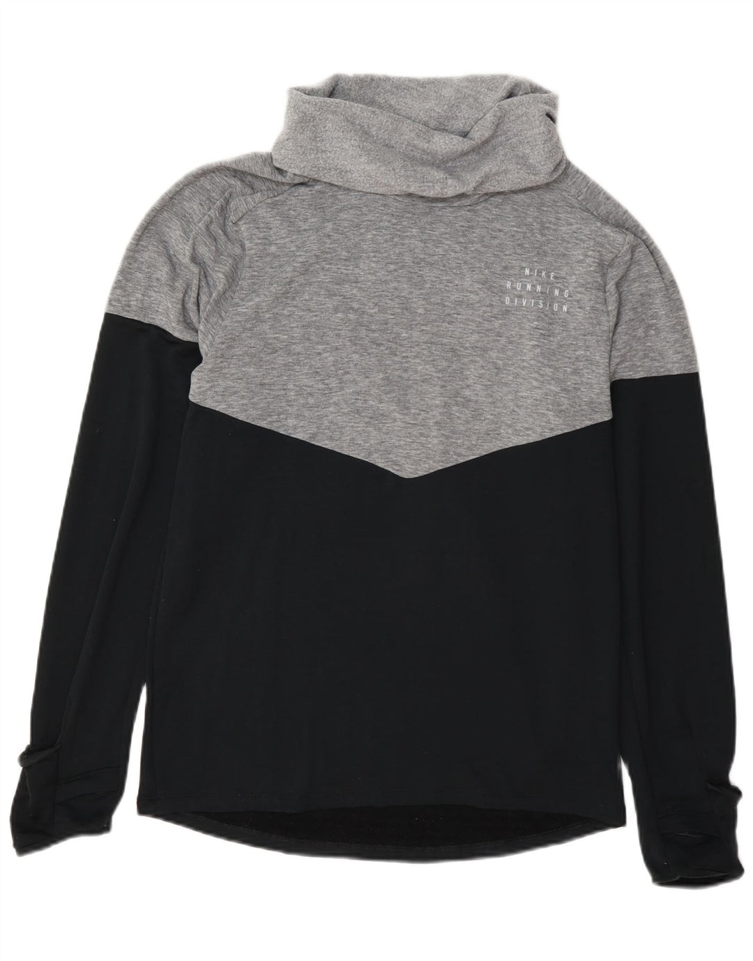 Suéter feminino Nike Therma-Fit com gola redonda e bloco colorido cinza pequeno