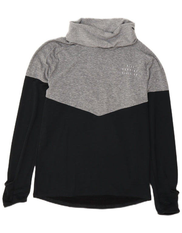 Suéter feminino Nike Therma-Fit com gola redonda e bloco colorido cinza pequeno