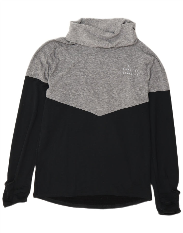Suéter feminino Nike Therma-Fit com gola redonda e bloco colorido cinza pequeno