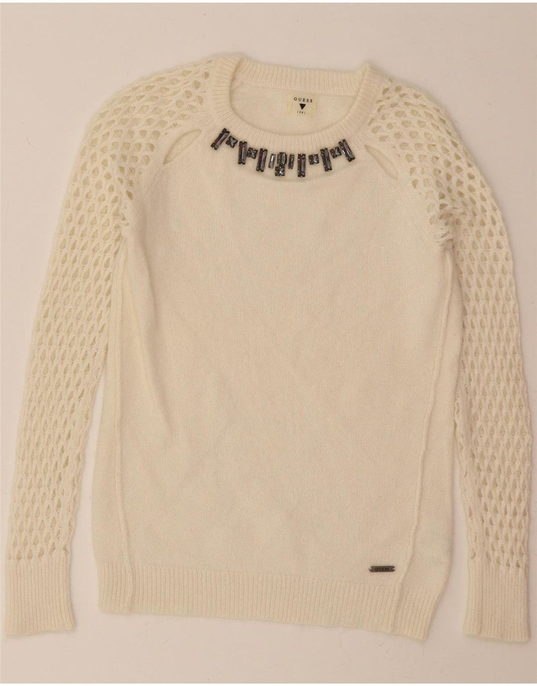 GUESS Womens Crew Neck Jumper Sweater UK 4 XS Off White Cotton Vintage Guess and Second-Hand Guess from Messina Hembry 