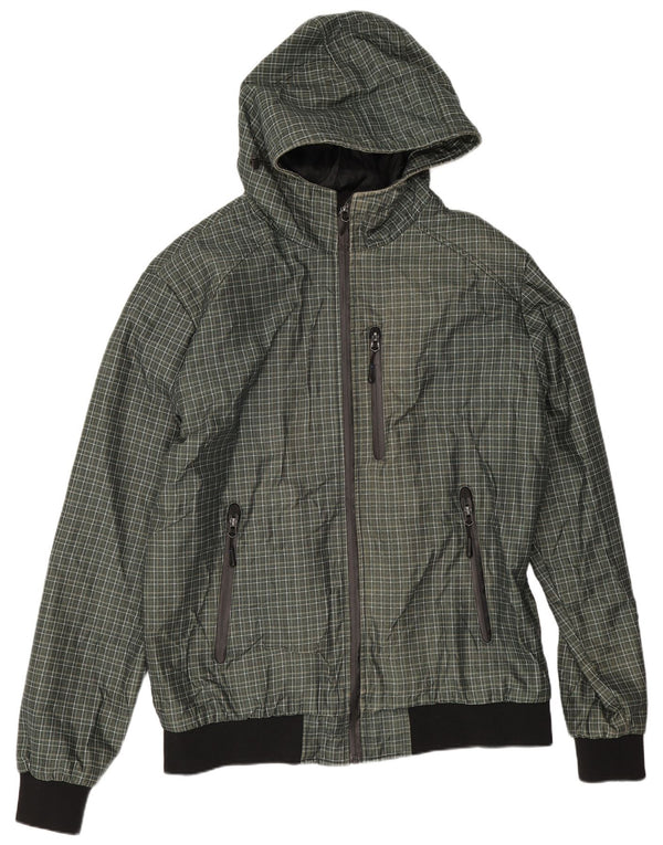Jaqueta bomber masculina com capuz Zara UK 44 2XL poliéster xadrez verde