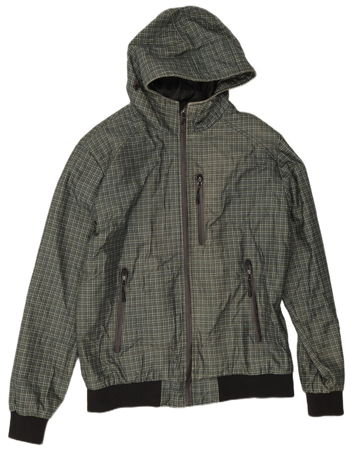 Jaqueta bomber masculina com capuz Zara UK 44 2XL poliéster xadrez verde
