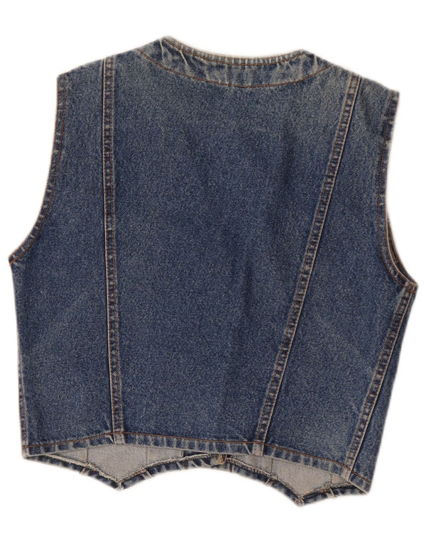 Colete jeans feminino vintage Reino Unido 12 algodão azul médio