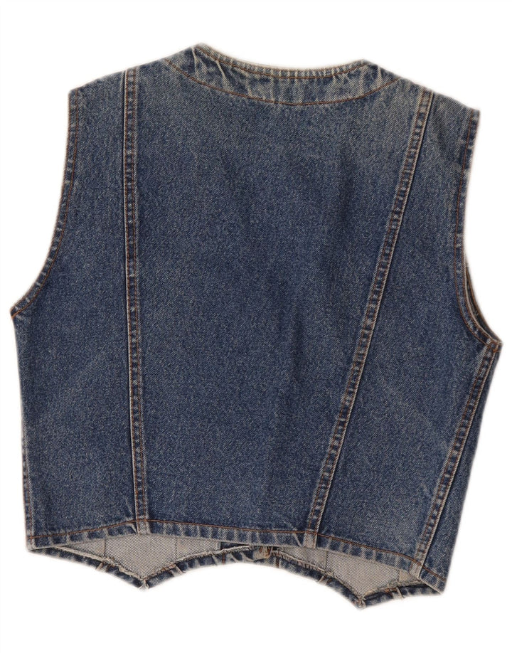 Colete jeans feminino vintage Reino Unido 12 algodão azul médio