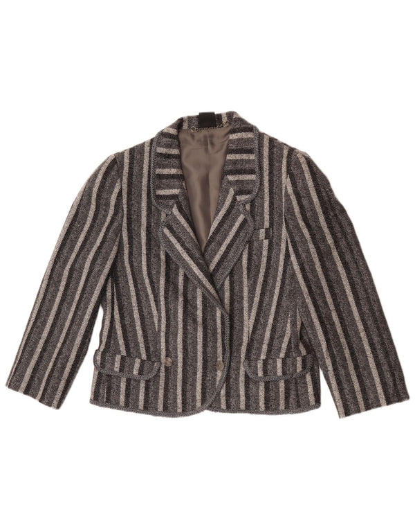 Jaqueta blazer feminina vintage com peito duplo Reino Unido 12 listrado cinza médio