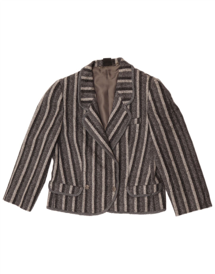 Jaqueta blazer feminina vintage com peito duplo Reino Unido 12 listrado cinza médio
