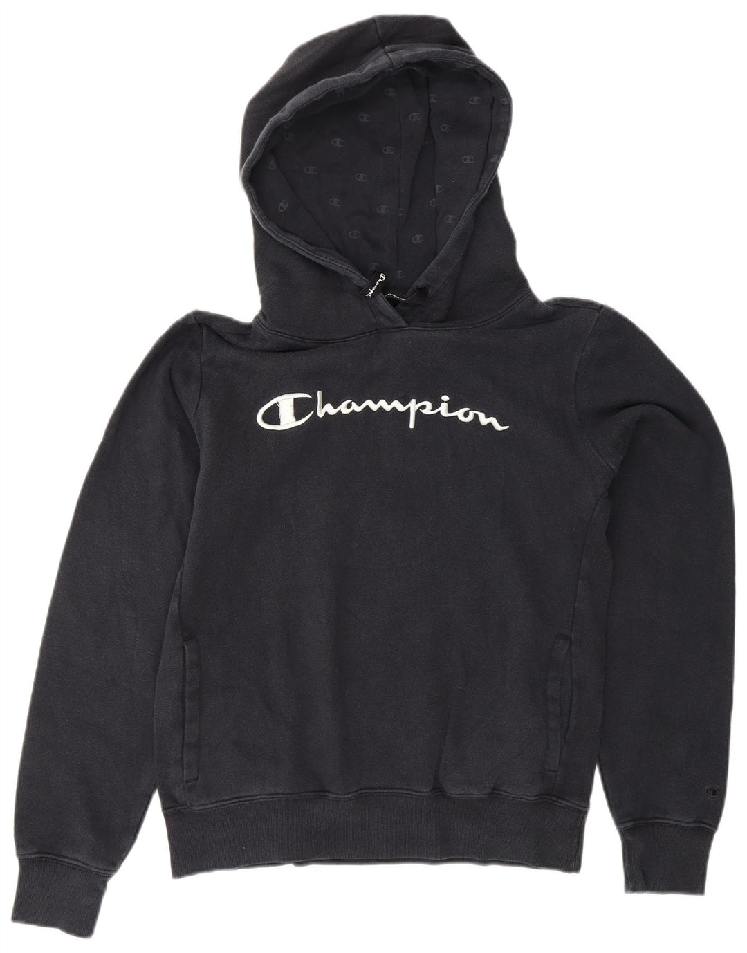 CHAMPION Womens Graphic Hoodie Jumper UK 12 Medium Navy Blue Cotton Vintage Champion and Second-Hand Champion from Messina Hembry 