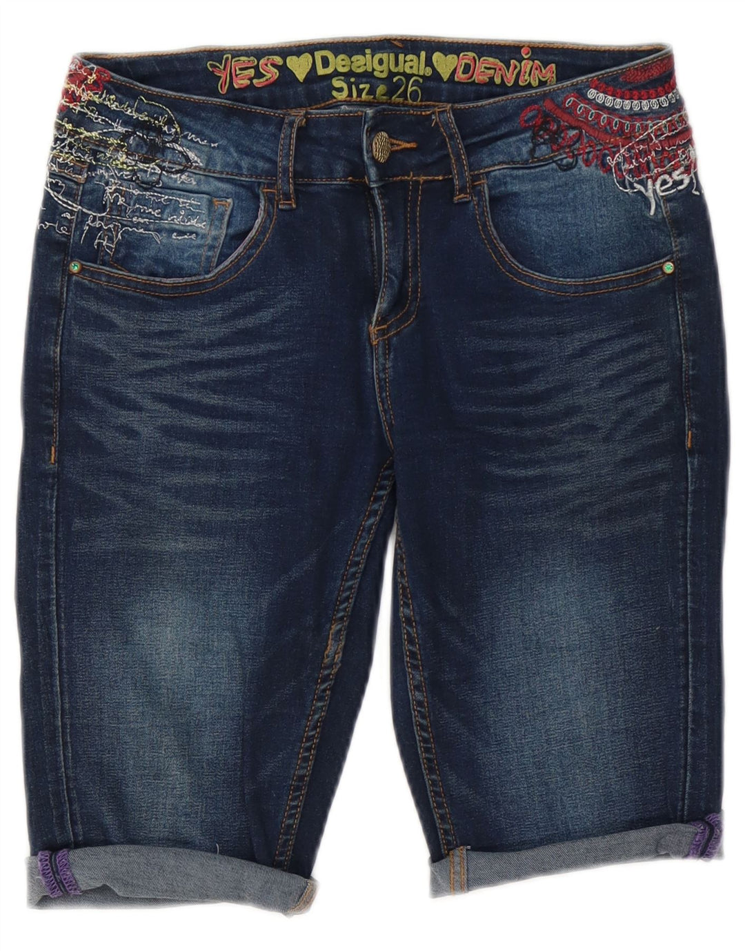 Desigual Shorts jeans feminino gráfico W26 pequeno algodão azul
