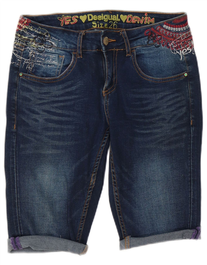 Desigual Shorts jeans feminino gráfico W26 pequeno algodão azul