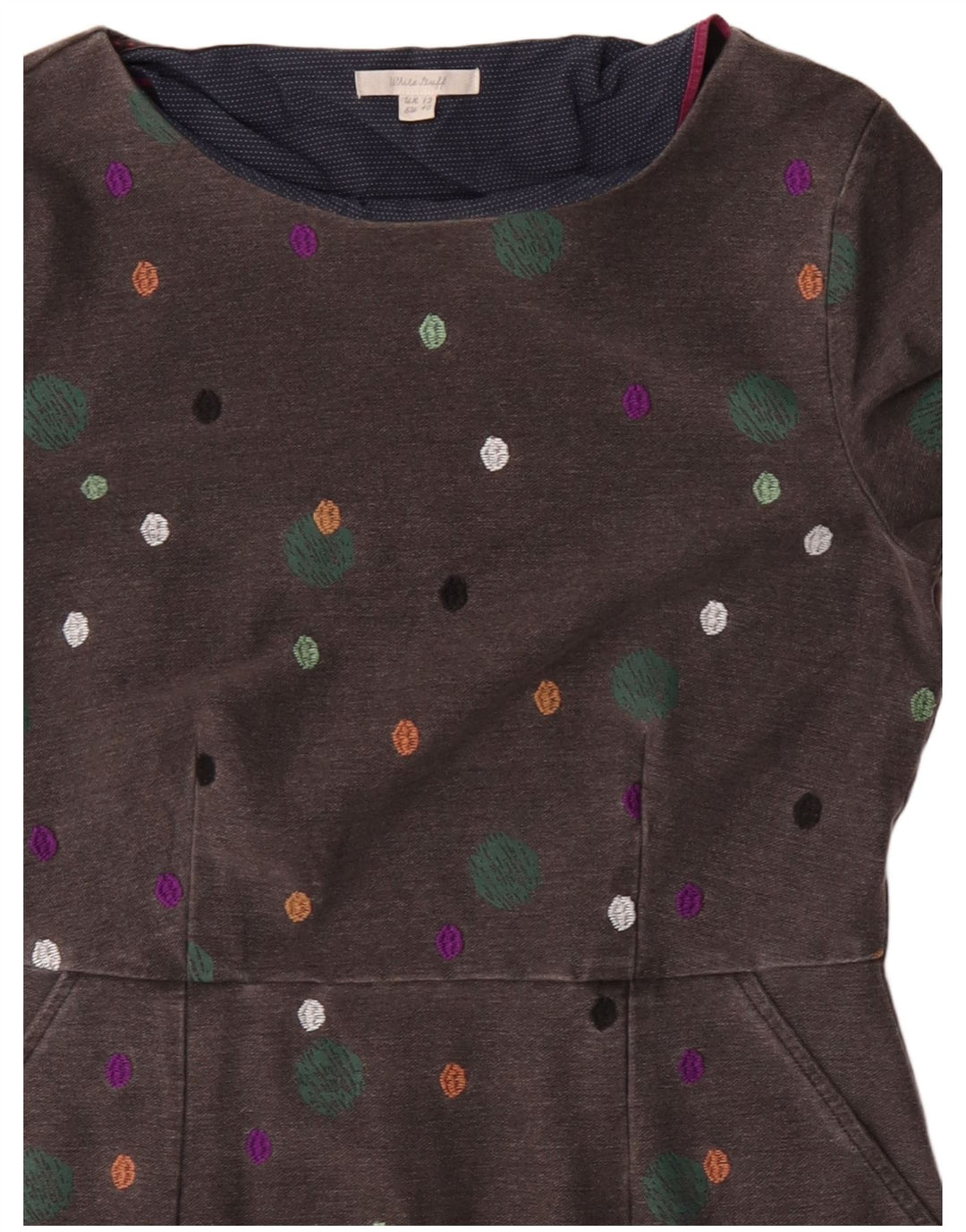 WHITE STUFF Vestido feminino manga 3/4 com bainha UK 12 cinza médio manchado