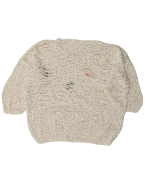 Suéter feminino vintage com gola canoa e gola redonda UK 18 XL borboleta branca