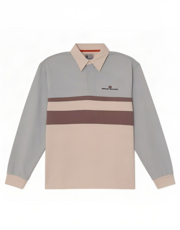 Camisa polo masculina de rugby de manga comprida Sergio Tacchini IT 52 XL azul colorblock